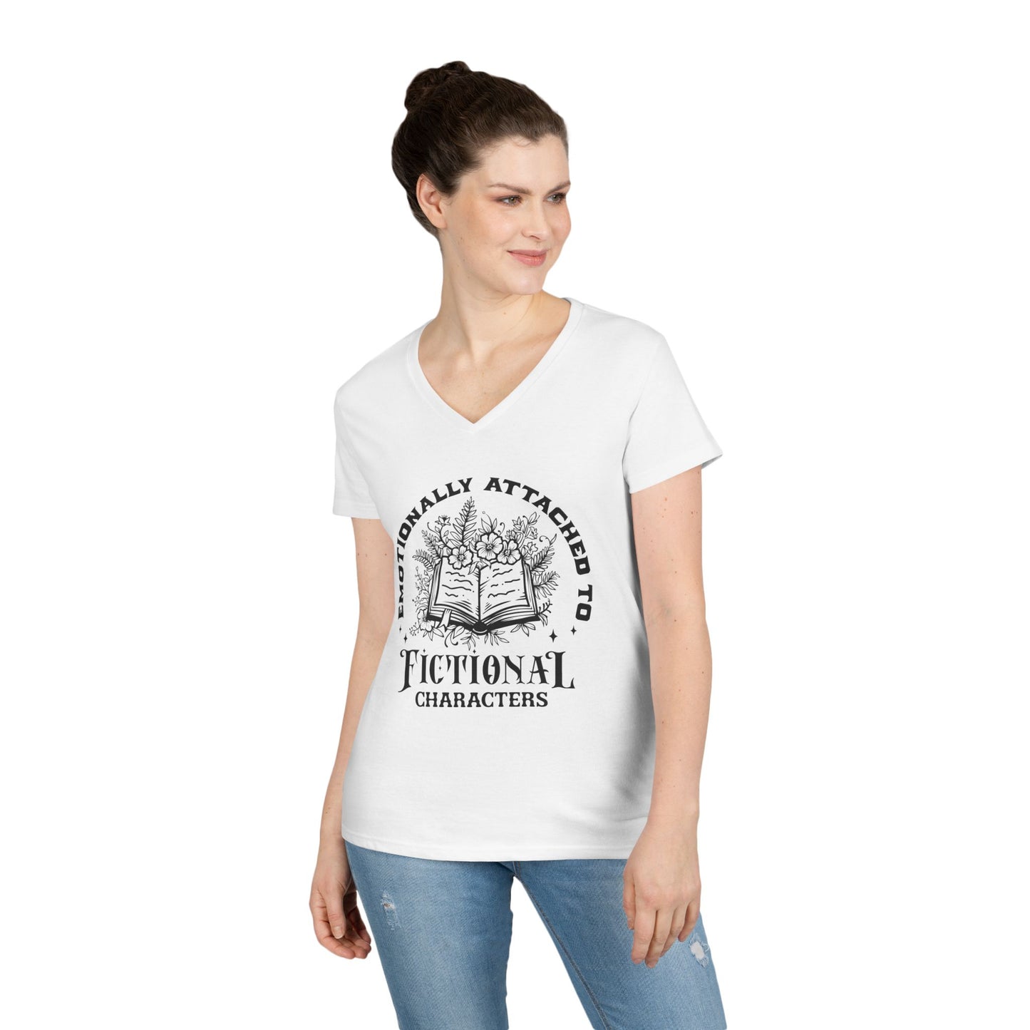 Emotional Reader Ladies' V-Neck T-Shirt - "Emotionally Attached to Fictional Characters"