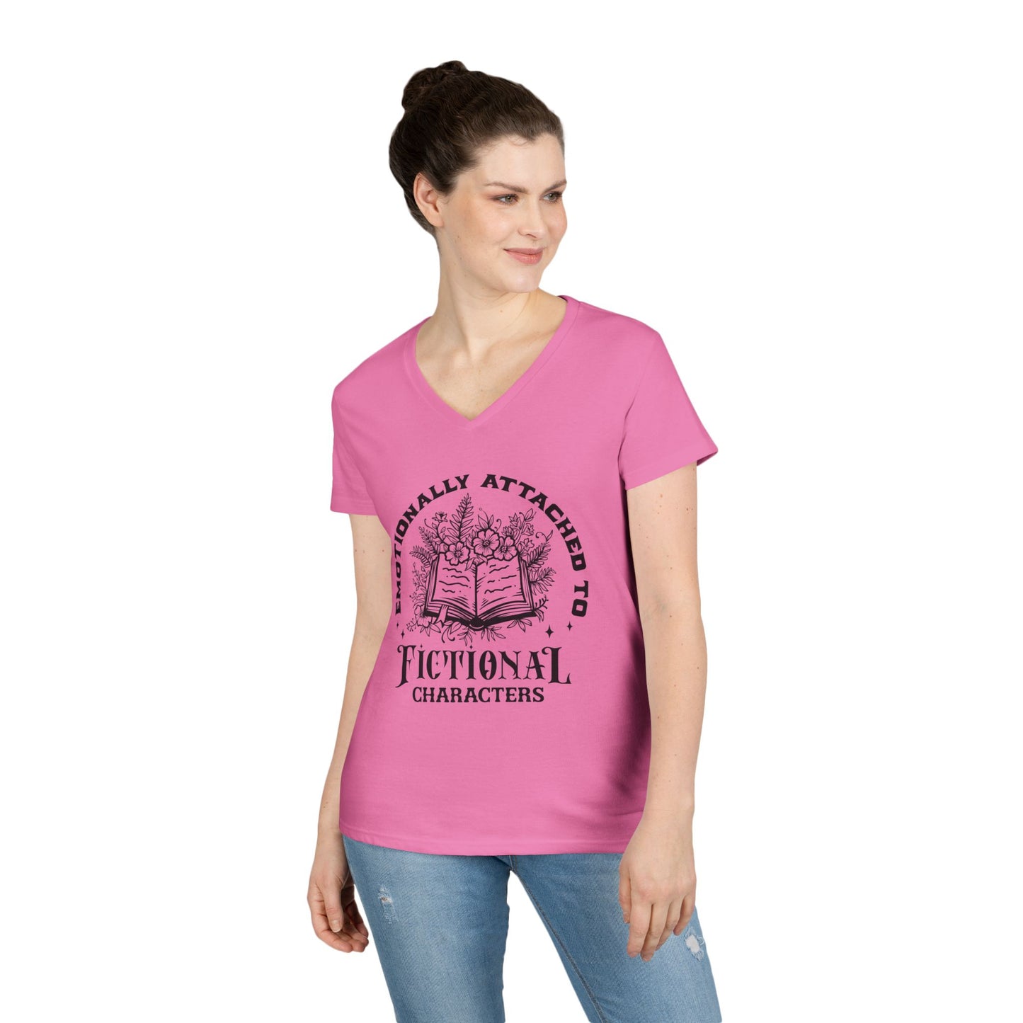 Emotional Reader Ladies' V-Neck T-Shirt - "Emotionally Attached to Fictional Characters"