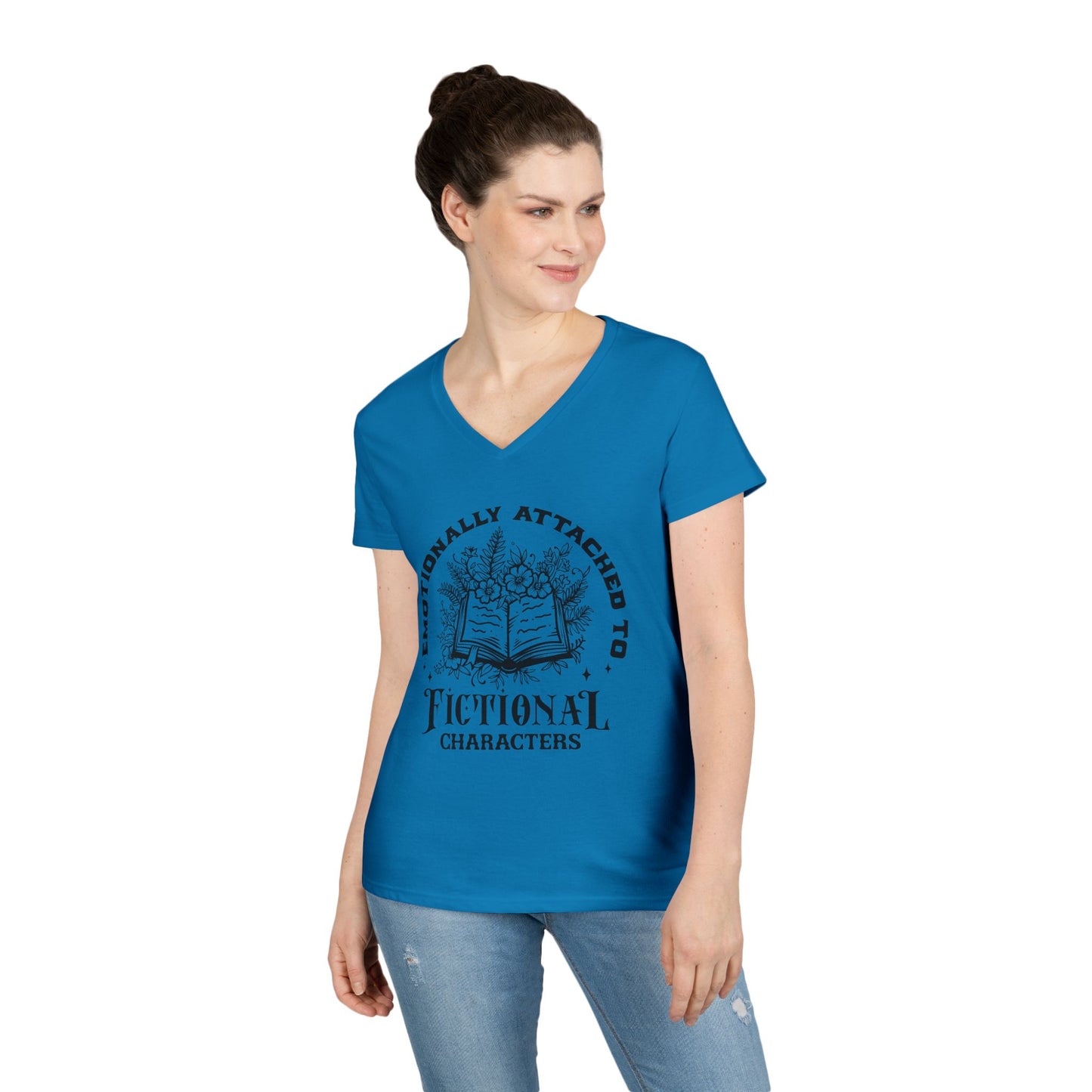 Emotional Reader Ladies' V-Neck T-Shirt - "Emotionally Attached to Fictional Characters"