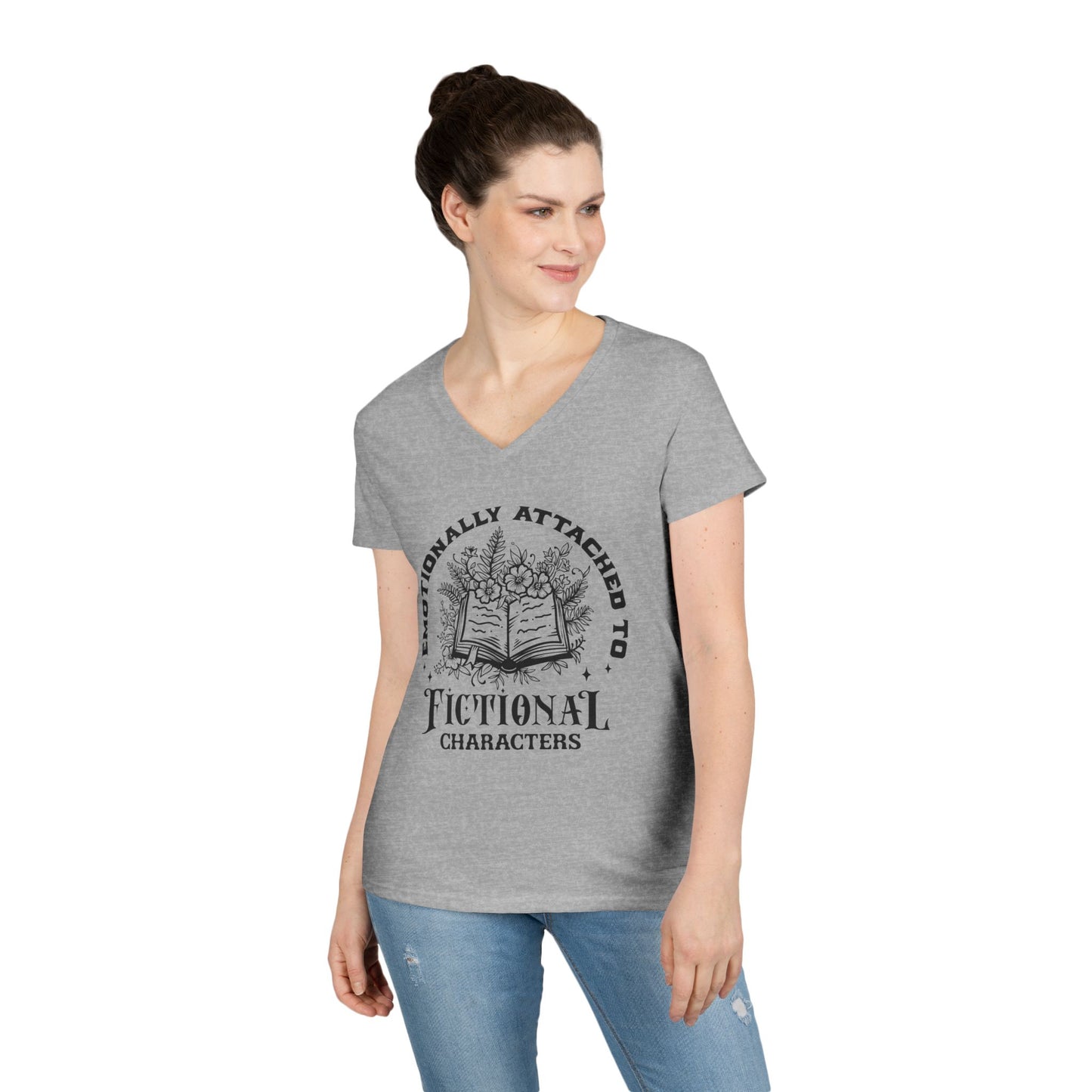 Emotional Reader Ladies' V-Neck T-Shirt - "Emotionally Attached to Fictional Characters"