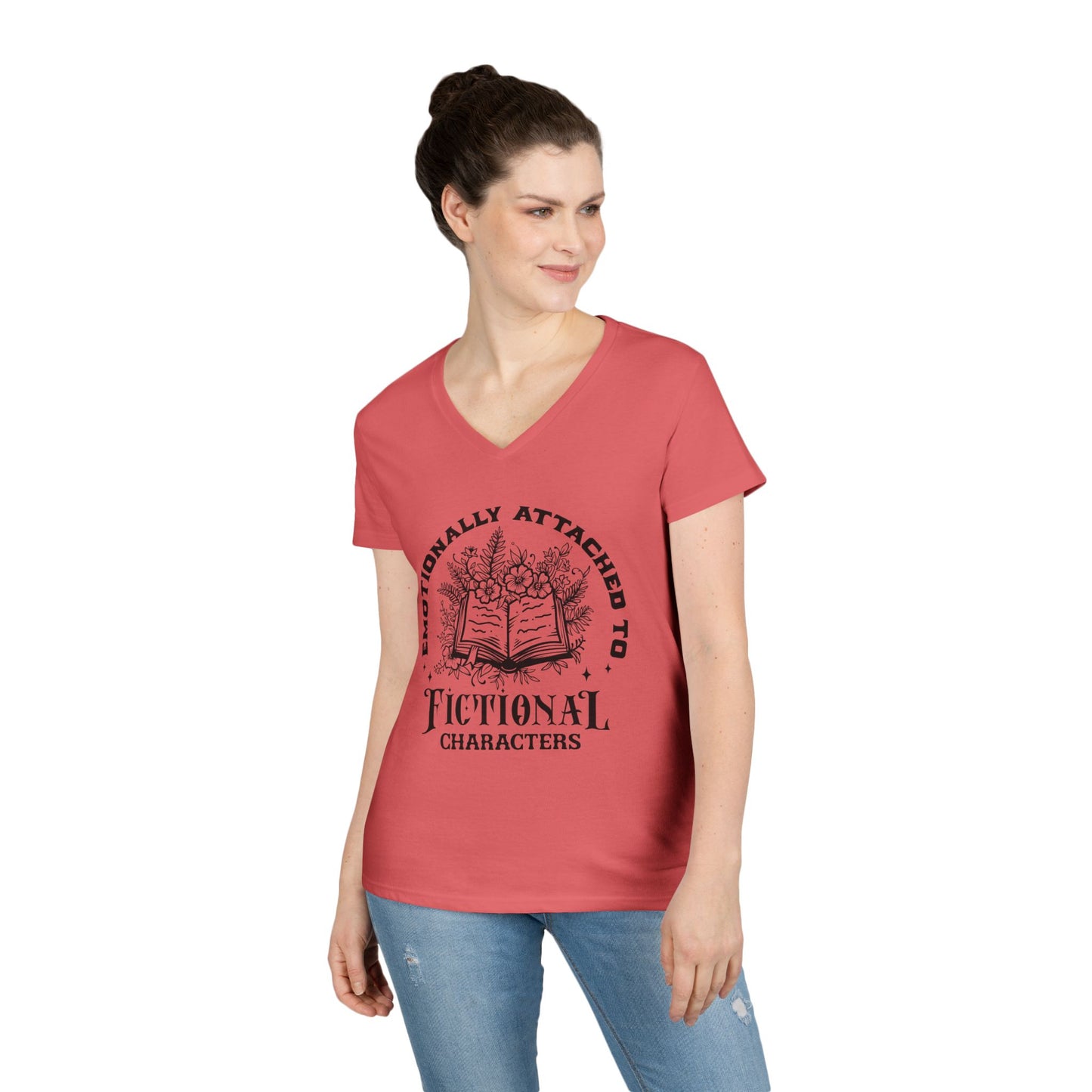Emotional Reader Ladies' V-Neck T-Shirt - "Emotionally Attached to Fictional Characters"