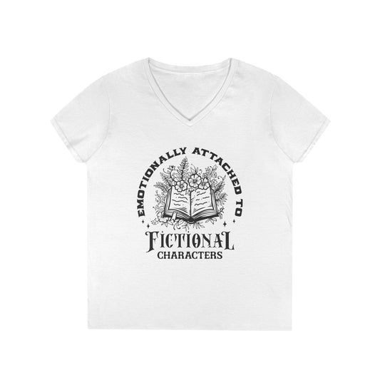 Emotional Reader Ladies' V-Neck T-Shirt - "Emotionally Attached to Fictional Characters"